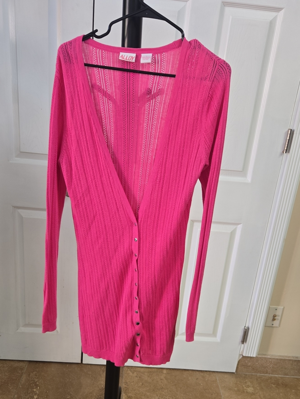 ALLOY Hot Pink Long-Sleeve Button-Front Knit Long Cardigan L